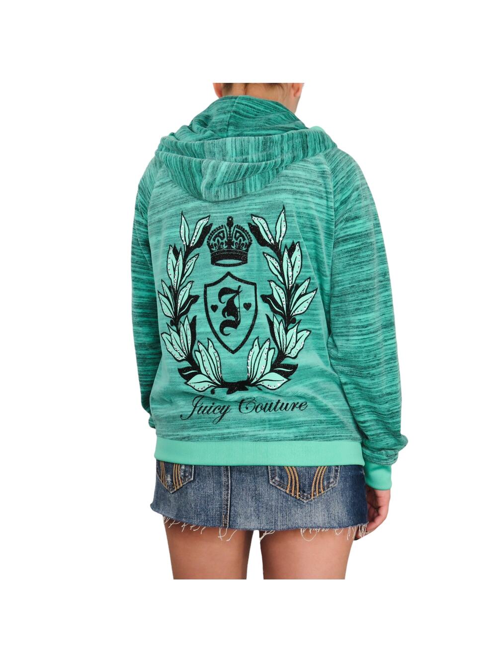 Y2K Juicy Couture Velour Teal Blue Zipper Hoodie Rhinestone Bling Large